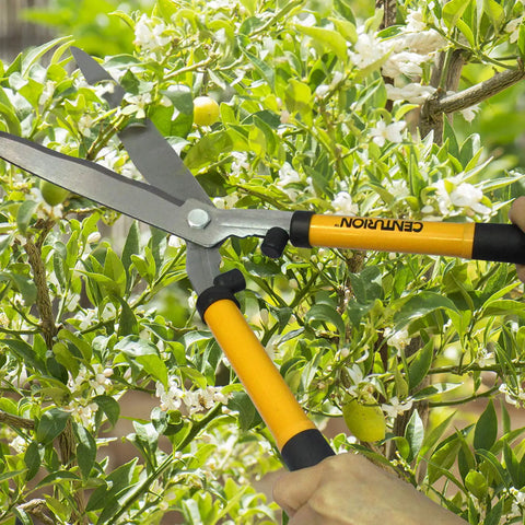 Three Piece Lopper Hedge Shear And Pruner Combo Set in use on shrubs with carbon steel blades and yellow ergonomic handle