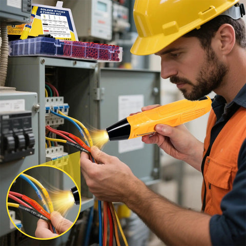 Technician using All In One Solder Seal Wire Connector Kit With Heat Shrink Tubing, 340Pcs Waterproof Electrical Connectors For Marine And Automotive Wiring Projects, Includes 120 Pcs Solder Seal Connectors And 220 Pcs Three To One Shrink Tubing For DIYers on a control panel.