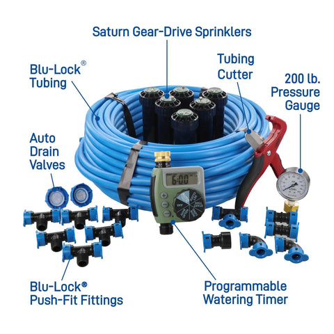 Effortless Yard Irrigation Kit With All In One Automatic Watering System For Lawn And Garden showing components such as Blu-Lock tubing, fittings, and timer.