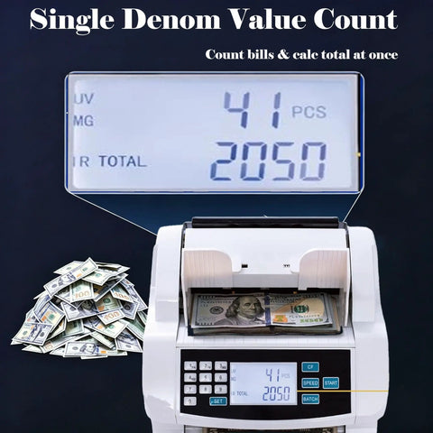 Fast Money Counter With UV MG IR Detection And LCD Display showing count value of 2050, precise cash handling in action
