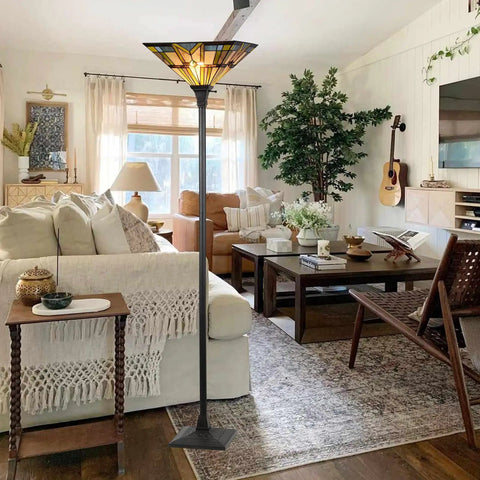 Tiffany Style Mission Floor Lamp With Real Stained Glass Shade, Vintage Uplight Torchiere in living room setting