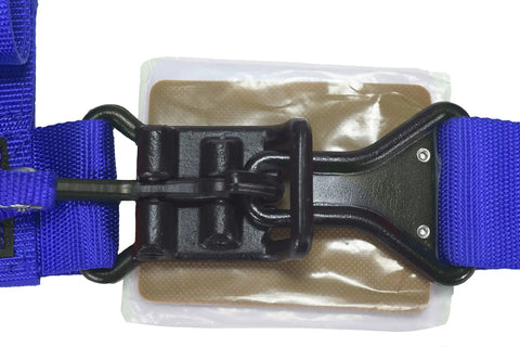 Close-up of buckle on Blue 4 Point Harness With 2 Inch Straps For Universal UTV Off Road Use Built To Last Tough As Nails Heavy Duty