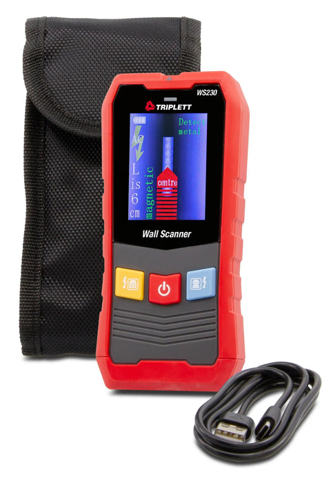Slick Professional Grade Digital Wall Scanner With Vibrant Color Screen showing detection display, carrying case, and USB cable.