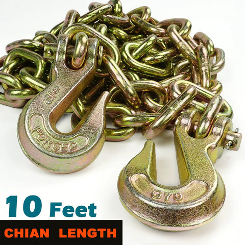 G70 Five Sixteenth Inch Ten Foot Transport Chain With Clevis Hooks For Cargo Securement, Heavy Duty Two Pack, Yellow Zinc Finish
