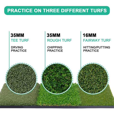Tri Turf Golf Hitting Mat 24 By 24 Inch Portable Practice Mat For Indoor And Outdoor Use Realistic 3 Turf Surfaces Detail