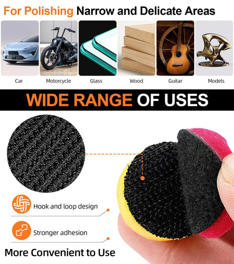 Close-up of 22 Piece Mini Buffing Polishing Pads Kit For Drill And Rotary Tools with hook and loop design for adhesion