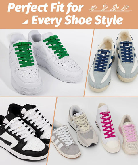 Elastic No Tie Sneaker Laces White 120 Cm Set Includes 2 Pairs Of Flat Stretch Laces And 4 Reusable Metal Buckles For Grab And Go Slip On Comfort Durable Fit. White elastic no-tie laces shown on sneakers in multiple shoe styles.