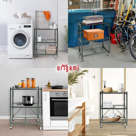 Three Tier Foldable Storage Shelf On Wheels, Heavy Duty Rolling Rack, Pewter Finish in garage, laundry, and kitchen settings