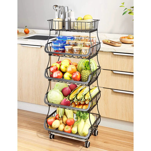 Five Tier Built Tough Metal Wire Rolling Cart Stackable Produce Basket With Smooth Gliding Casters Rust Resistant Black Finish filled with fruits and vegetables in a kitchen setting.