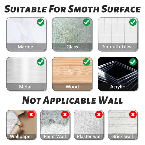 Surface compatibility chart for Heavy Duty Ceiling Hooks Waterproof Stainless Steel No Nail Needed Adhesive Hooks 4 Pack
