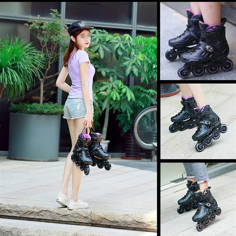 Woman holding All Purpose Inline Skates For Kids And Adults Adjustable Roller Blades For Beginners To Pros Pro Level Black Purple Size 7.5