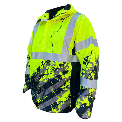 Hi Vis Rain Jacket For Men With Waterproof Shell And Mesh Lining, Drawcord Hood And Hem, Class 3 Type R, ANSI ISEA 107-2015, Yellow, X Large