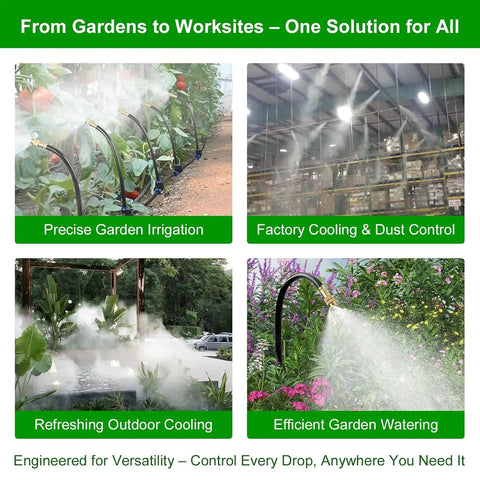 Four images showing usage of Brass Misting Nozzles For Five Sixteenth Inch Drip Irrigation Tubing 360 Degree Adjustable Rotating Sprayers.