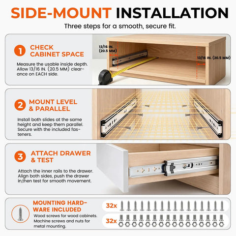Installation guide for 30 Inch Heavy Duty Side Mount Drawer Slides With 250 Lb Load Rating and Full Extension Pullout Rails.