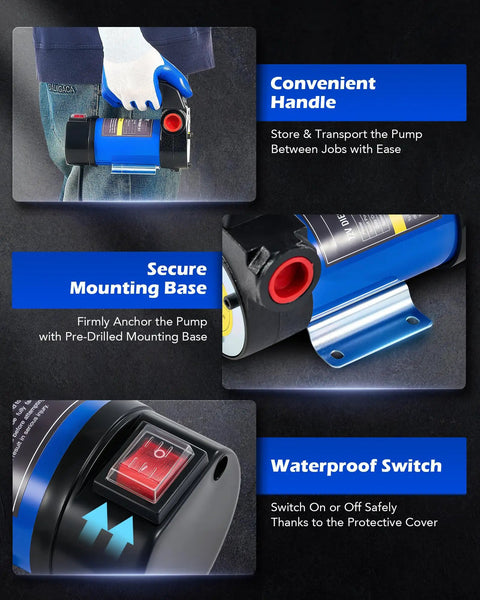 Grab And Go 12V Diesel Transfer Pump Kit With Nozzle And Hoses showing convenient handle, secure mounting base, and waterproof switch.