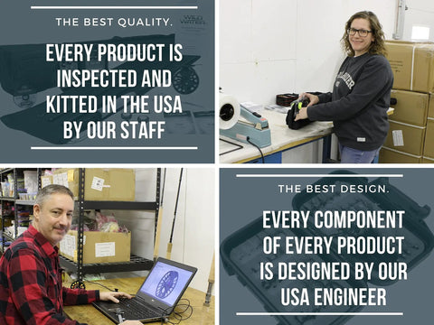Factory staff inspecting products and logging data on laptop, with text highlighting USA inspection and engineering design.