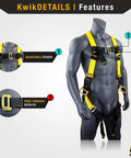 All In One Safety Lanyard Kit With Harness And Anchor For Fall Protection External Shock Absorber Water Resistant Pro Grade OSHA ANSI Rated Roofing And Construction Gear With Rebar Hook Connector adjustable straps and buckles on mannequin