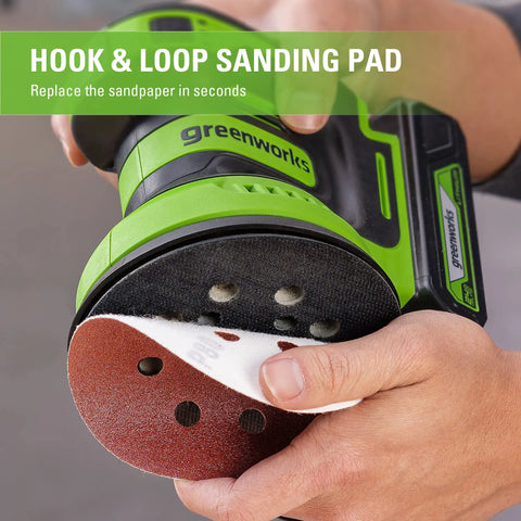Close-up of hook and loop pad replacement on Cordless 24V 5-Inch Random Orbital Sander Kit With Variable Speed, 2Ah Battery And Charger Included