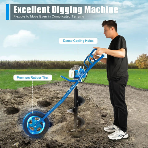 Person using Gas Powered Post Hole Digger With 63cc Two Stroke Engine High Speed Earth Auger Drill 11.81 Inch Bit
