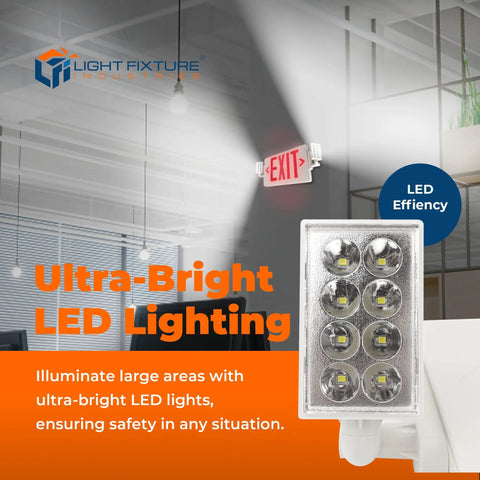 Red LED Exit Sign With Emergency Lights In White Housing UL 924 Listed 120 To 277 VAC Hardwired With Battery Backup Damp Location