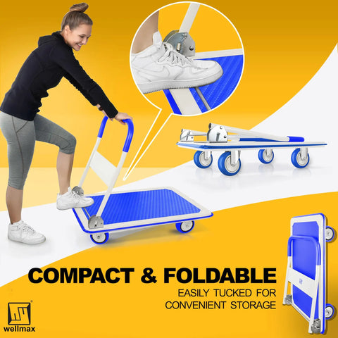 No Sweat Foldable Push Cart Dolly Rocking A Solid 660 Pound Load Rating For Smooth Moving Hauls And Super Compact Portable Trunk Storage In Vivid Blue with a user demonstrating ease of use.