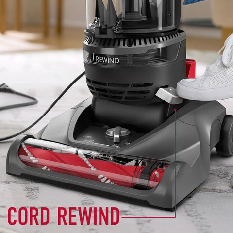 Close-up of Hoover Rewind Pet Upright Bagless Vacuum Cleaner For Carpet And Hard Floors With Automatic Cord Rewind showing the cord and red brush.