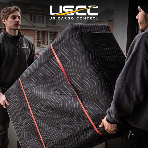 Two people moving furniture with Heavy Duty Moving Blankets 72x80 Inches 4 Pack Quilted Furniture Pads For Moving, black polyester visible.
