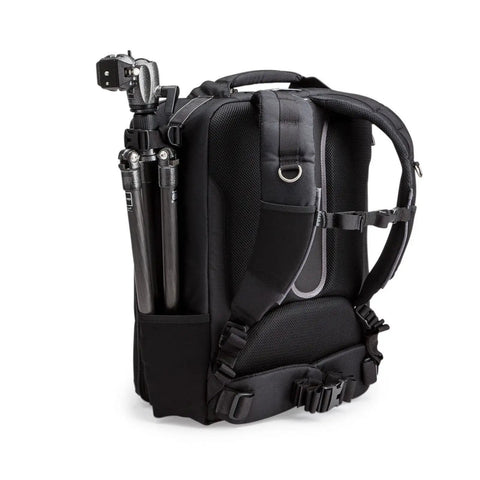 Side view of Airport Accelerator Camera Backpack for travel photographers showing tripod attachment and rugged straps.