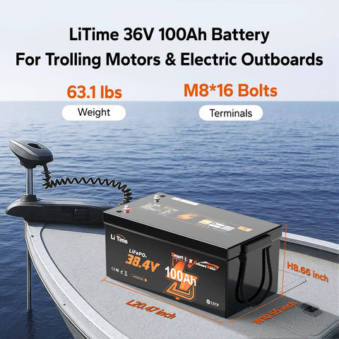 36V 100Ah LiFePO4 Battery With Bluetooth Low Temp Protection on boat deck, designed for trolling motors, marine use