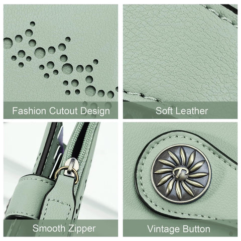 Close-up details of green Compact Women's Bifold Wallet With RFID Blocking Leather Card Holder Zipper Coin Pocket Slim Yet Roomy.