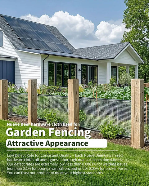 Half Inch Hardware Cloth Mesh Roll 48x100 Feet 19 Gauge Hot Dip Galvanized fencing in garden with white house in background.