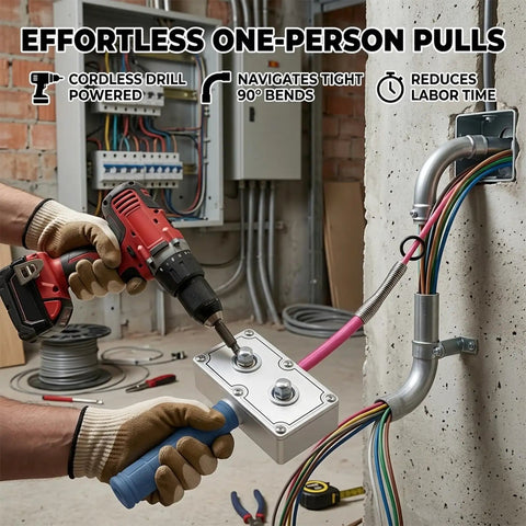 Heavy Duty Electrician Wire Puller Drill Powered Cable Tugger Tool For Conduit Wiring, used by a person with gloves.