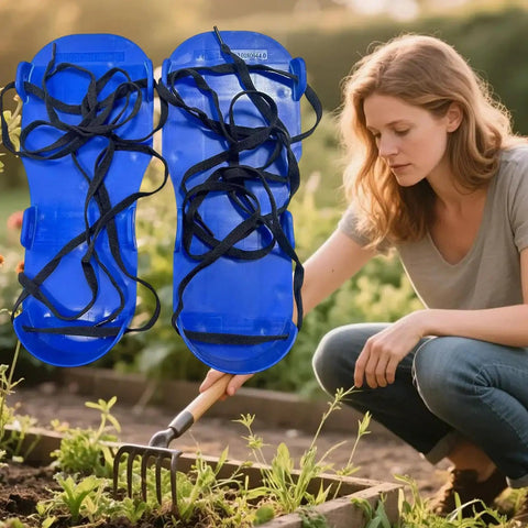 Woman gardening next to Lawn Aerator Shoes With Heavy Duty Adjustable Spiked Soles For Yard And Garden Aeration, Root Health Boost, Easy To Walk In, Durable Outdoor Footwear For Mowing, Irrigation, And Patio Care
