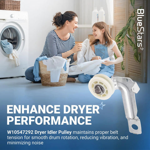 Dryer Idler Pulley Replacement For Whirlpool Maytag Kenmore Dryers easy install part shown with family doing laundry