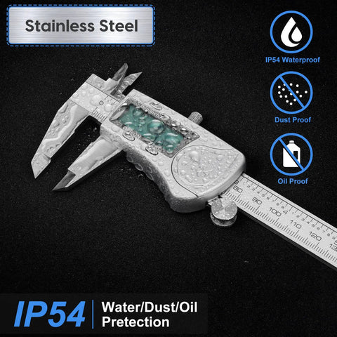IP54 Waterproof Digital Caliper Tool No Frills With Large LCD Screen Stainless Steel Vernier Caliper For 0 To 6 Inches Inch Metric Fraction Conversion Electronic Micrometer Caliper For DIY And Home Projects showcasing water-resistant design with clear LCD.
