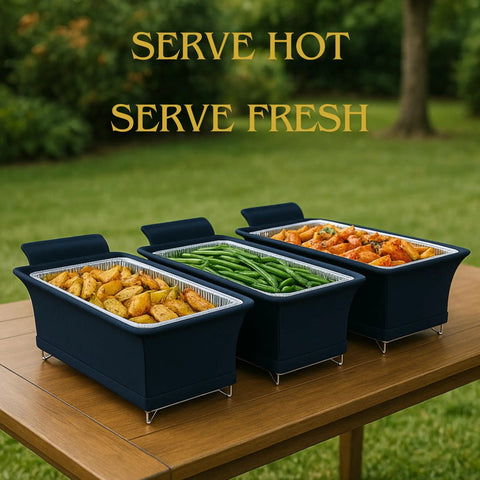 Heavy Duty Chafing Dish Wind Guard Two Pack With Sturdy Handles Black Covers on table with food for buffet displays.
