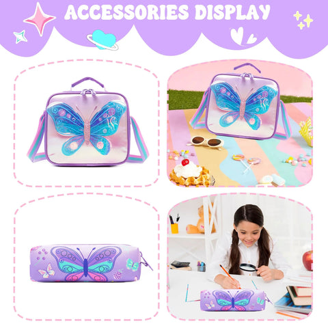 Children's butterfly rolling backpack set with lunch bag and pencil case, featuring vibrant 3D butterfly design for school and travel.