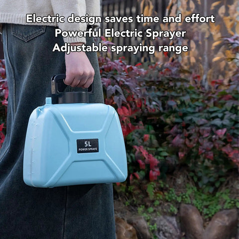 Person holding 5L Powerful Electric Garden Sprayer With Adjustable Nozzle For Farm And Home Use Beast Mode Ready Heavy Duty.