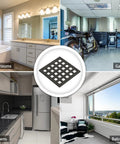 Four image collage showing a Three And Three Quarters Inch Square Shower Drain Grate Matte Black Stainless Steel for various rooms.