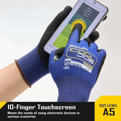 Fiberglass Free A5 Cut Resistant Gloves For Men With Touchscreen Safety, nitrile grip coated, demonstrating touchscreen use