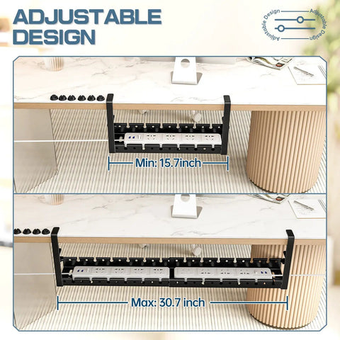 Under Desk Cable Management System with Adjustable Organizer and Adhesive Clip Holders shown installed, adjustable 15.7'' to 30.7'' black tray.
