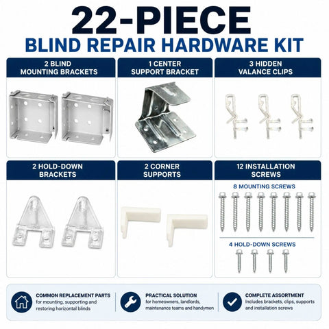 All In One Blind Bracket Installation Kit With 23 Piece Replacement Hardware Set For Window Blinds Includes 2 Inch Mounting Brackets Screws Clips And Valance Clips No Extra Trips components overview