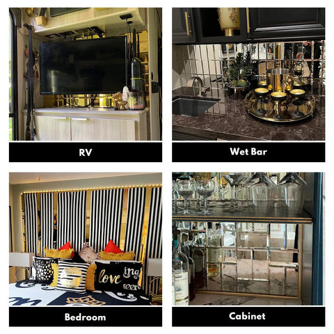 Peel And Stick 4 Inch Beveled Mirror Glass Tiles Silver Crystal Mosaic in RV, wet bar, bedroom, and cabinet settings.
