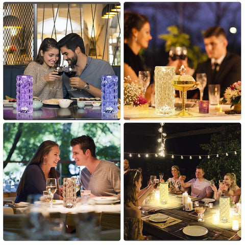 Crystal Table Lamp RGB Color Changing Night Light 2 Pack With Touch Control shown on dining tables with friends and families