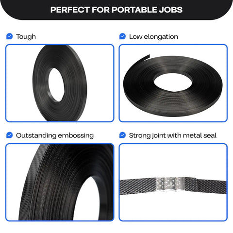 Black 1/2 Inch Polypropylene Strapping Roll With Slick Embossed Texture 200 Feet Heavy Duty Plastic Shipping Banding close up view