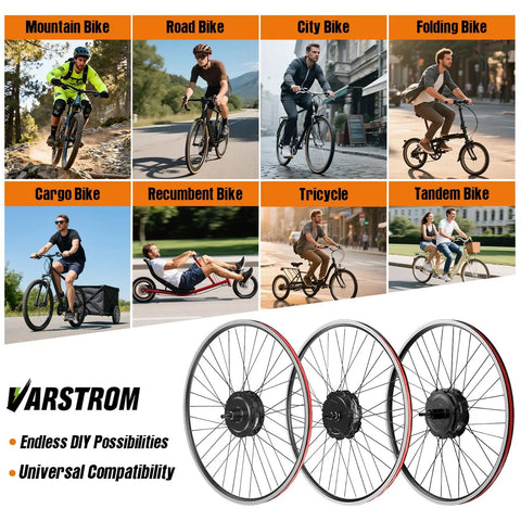 Rear Hub Motor Conversion Kit 48V 500W to 750W For Electric Bikes Ride Upgrade depicted on diverse bike types