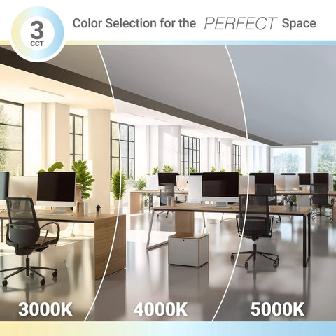 Office space with 2x2 Foot Dimmable LED Flat Panel Light With 3 CCT Selectable 3000K 4000K 5000K, 4000 Lumens, 40W