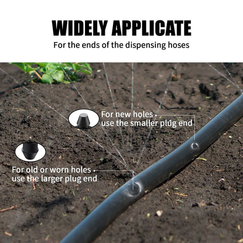 100 Pack One Quarter Inch Drip Irrigation Plugs With Barbed End Caps in garden soil for sprinkler hose setup