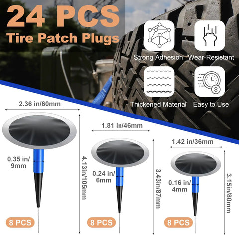 On The Go Roadside Tire Patch Kit With 24 Plugs In Sizes 1.42 1.81 And 2.36 In, featuring tire plugs and tire in background