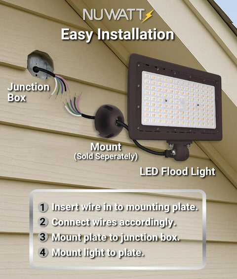 Installation diagram of 90W LED Flood Light with 3CCT 3000K 4000K 5000K Selectable, IP65 Waterproof Outdoor Security Floodlight, Dimmable 0-10V, 120-277V, Bronze Finish, Adjustable Knuckle Mount, 12600 Lumens on a building siding.